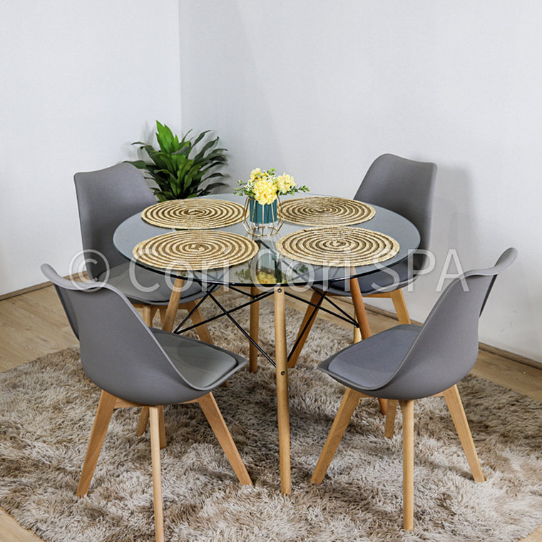 Comedor Mesa Eames Vidrio 80cms + 4 Sillas Tulip 8