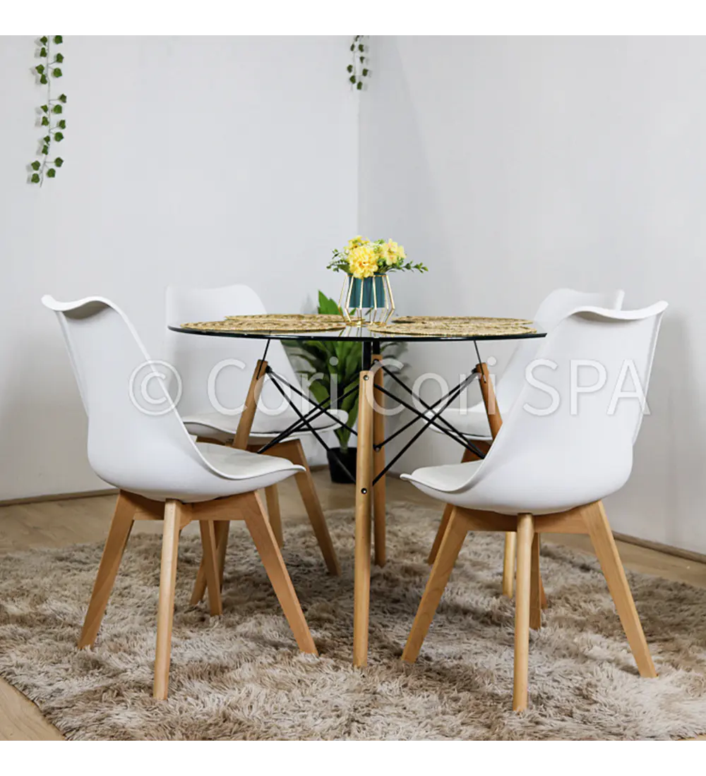 Comedor Eames Vidrio 100cms + 4 Sillas Tulip