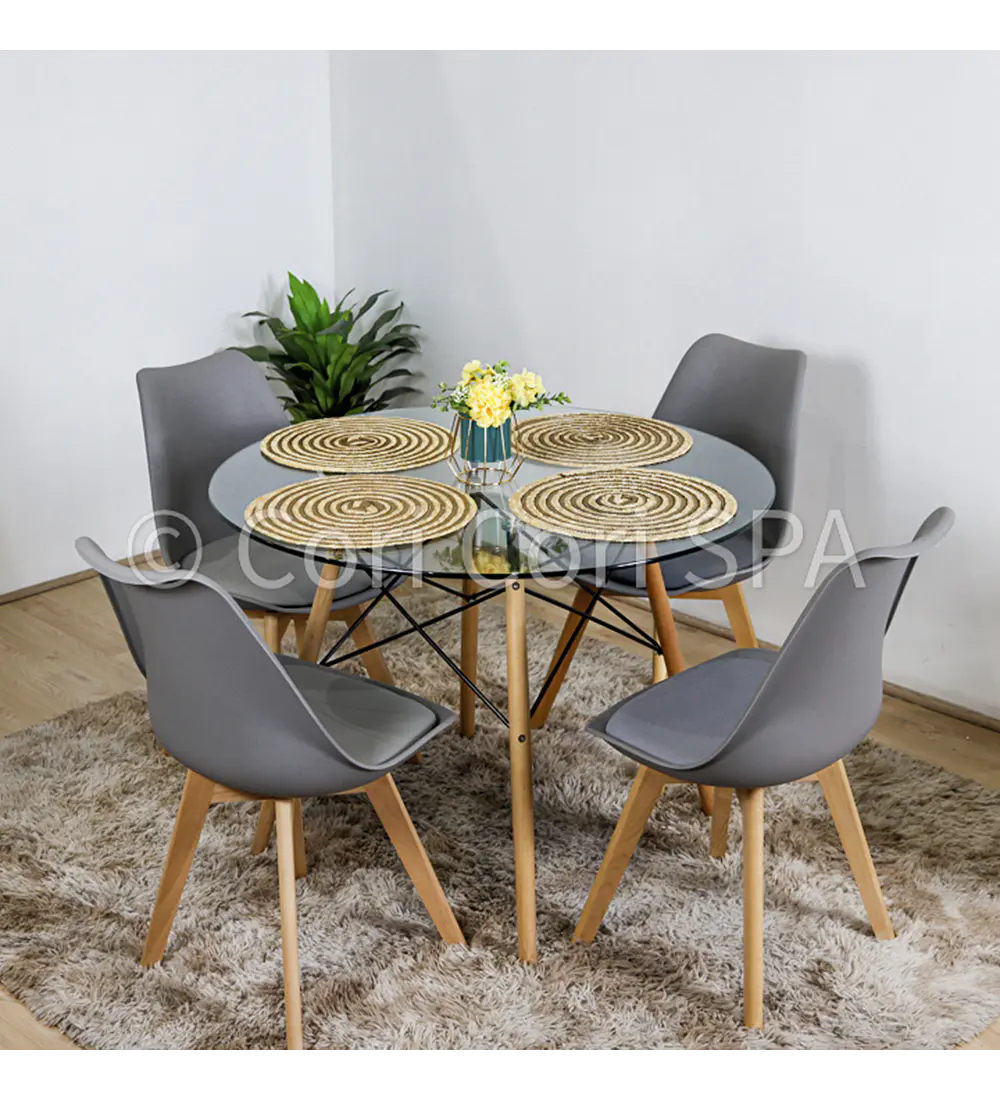 Comedor Eames Vidrio 100cms + 4 Sillas Tulip