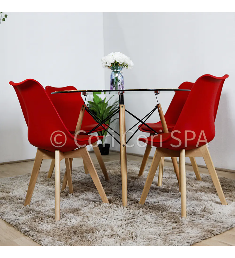 Comedor Eames Vidrio 100cms + 4 Sillas Tulip