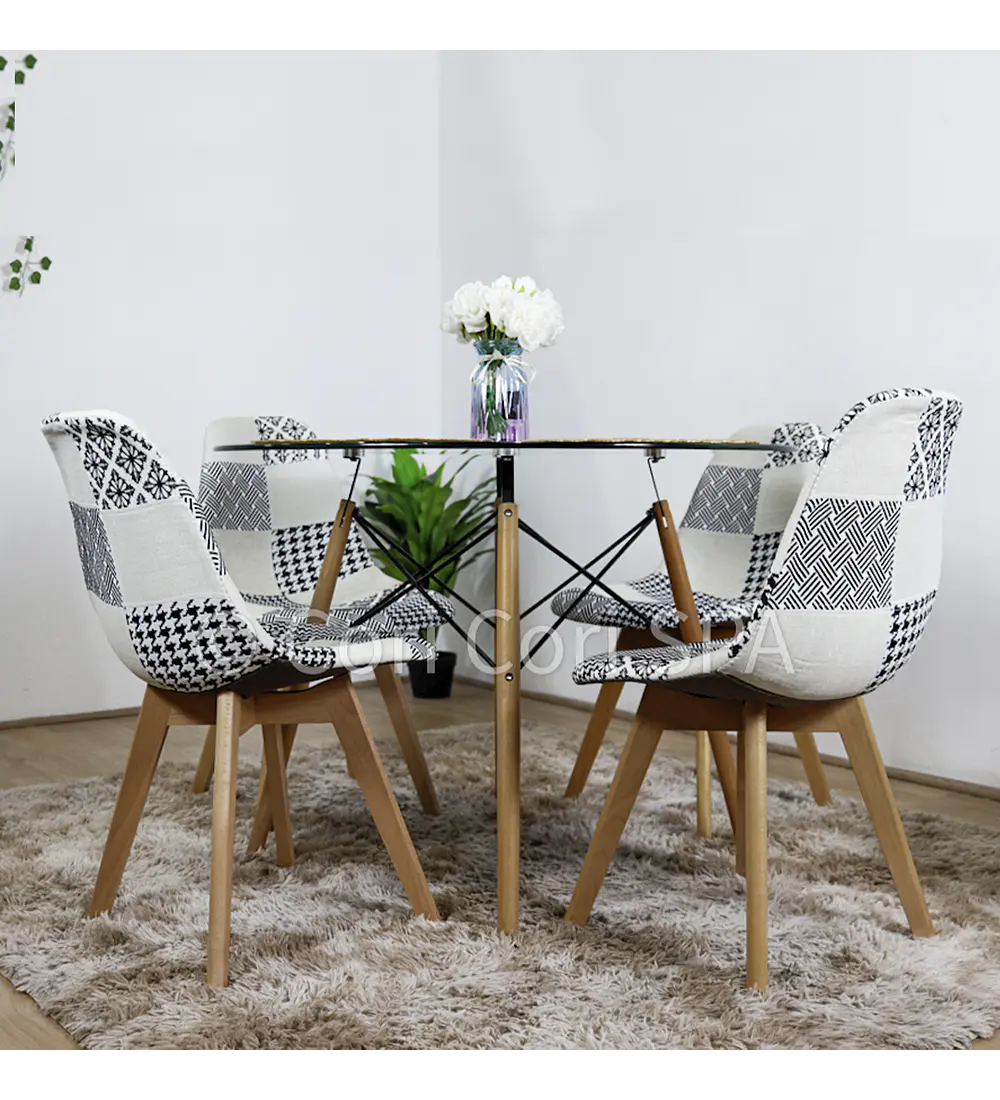 Comedor Eames Vidrio 100cms + 4 Sillas Patchwork Wood 