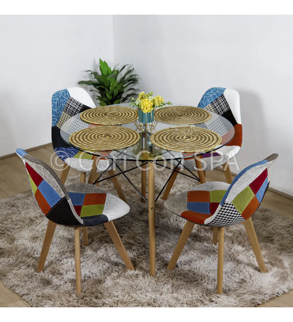 Comedor Eames Vidrio 100cms + 4 Sillas Patchwork Wood 