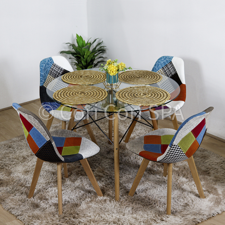 Comedor Eames Vidrio 100cms + 4 Sillas Patchwork Wood  3