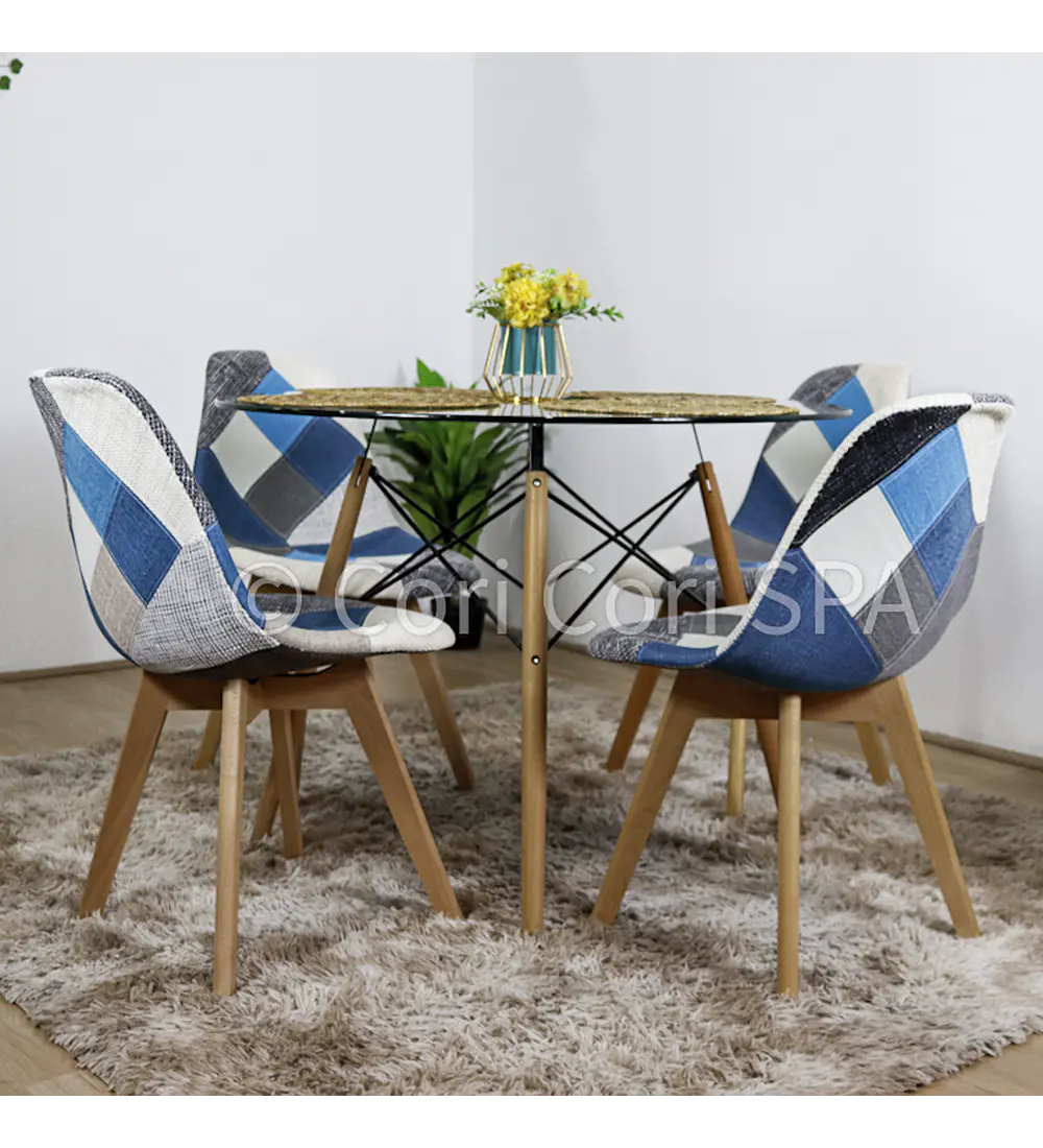 Comedor Eames Vidrio 100cms + 4 Sillas Patchwork Wood 