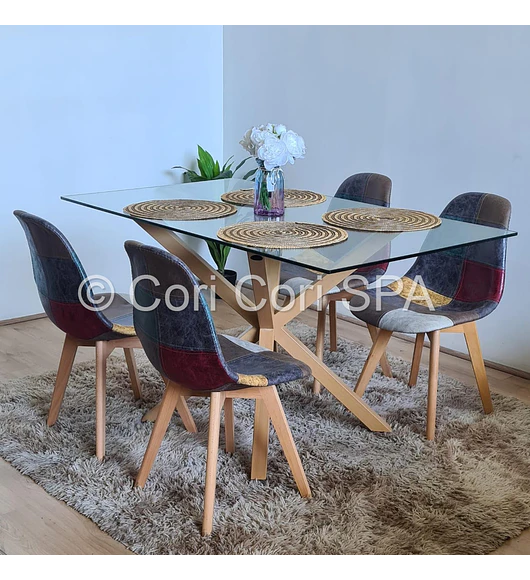 Comedor Madrid 140x80cms  + 4 Sillas Patchwork Ecocuero