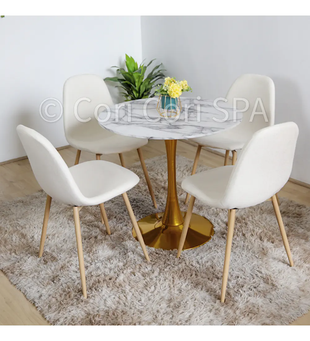 Comedor Mesa Tulip Cuarzo Melamina 100cms  + 4 Sillas Scoop Lino