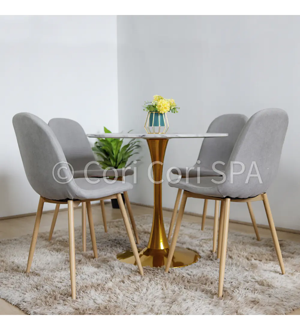 Comedor Mesa Tulip Cuarzo Melamina 100cms  + 4 Sillas Scoop Lino