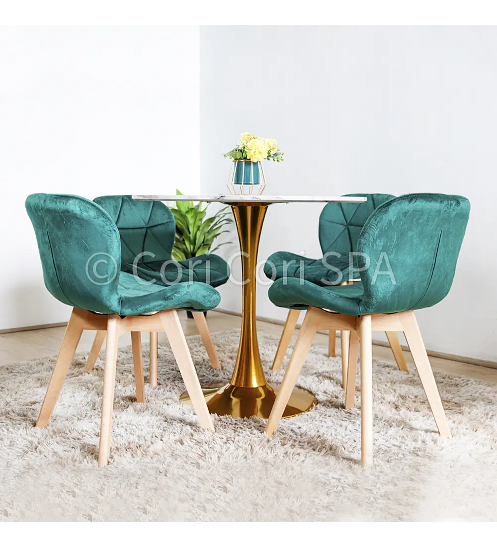 Comedor Mesa Tulip Gold 100cm + 4 Sillas Mariposa Velvet 