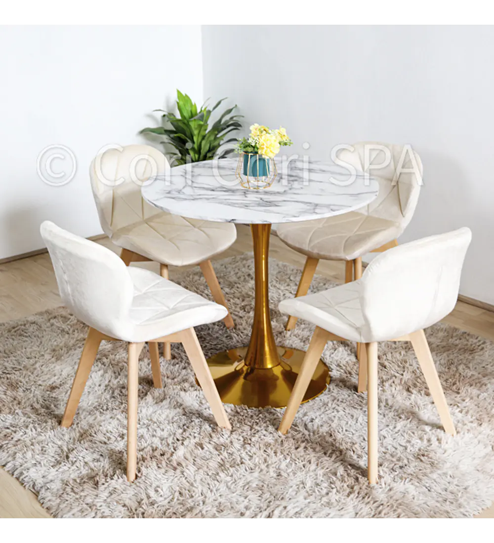 Comedor Mesa Tulip Gold 100cm + 4 Sillas Mariposa Velvet 