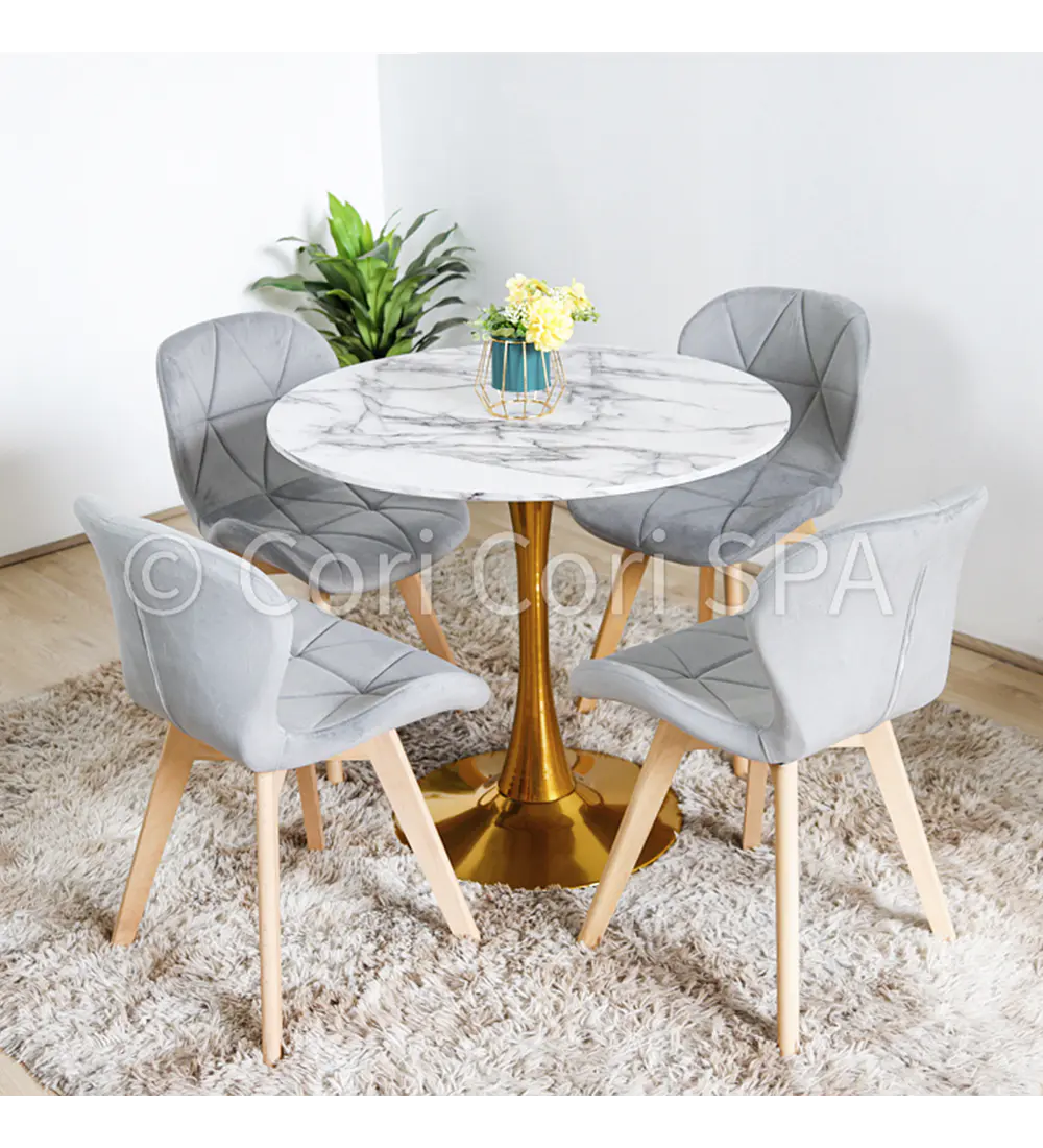 Comedor Mesa Tulip Gold 100cm + 4 Sillas Mariposa Velvet 