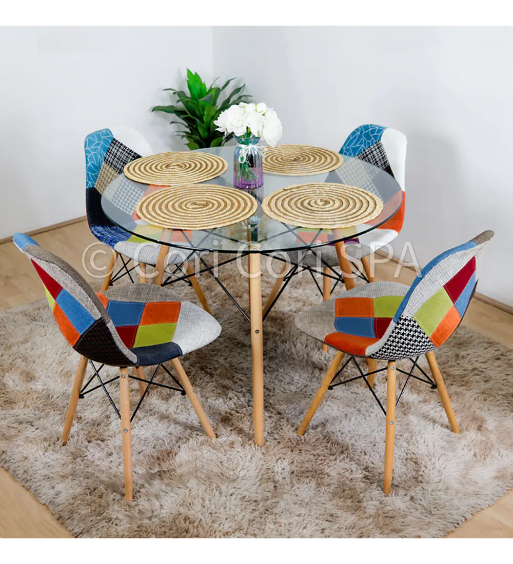 Comedor Eames Vidrio 80cms + 4 Sillas Eames Patchwork