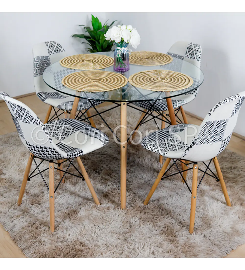 Comedor Eames Vidrio 80cms + 4 Sillas Eames Patchwork