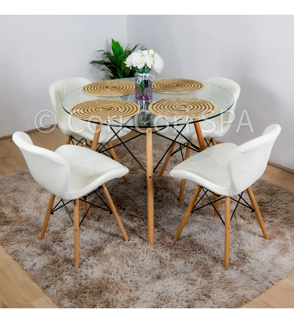Comedor Eames Vidrio 100cms + 4  Sillas Eames Mariposa Ecocuero