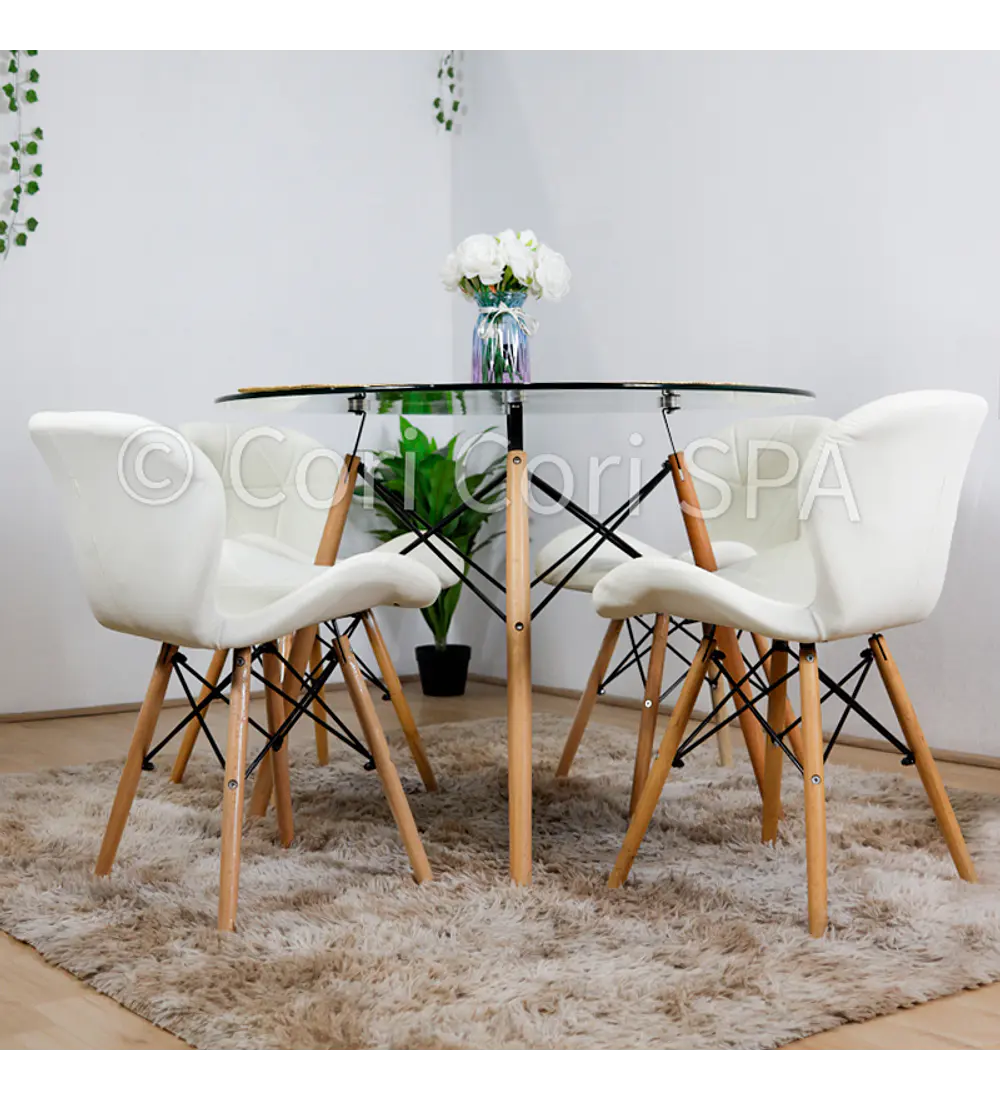 Comedor Eames Vidrio 100cms + 4  Sillas Eames Mariposa Ecocuero