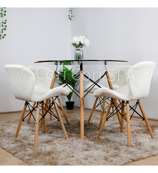 Comedor Eames Vidrio 100cms + 4  Sillas Eames Mariposa Ecocuero