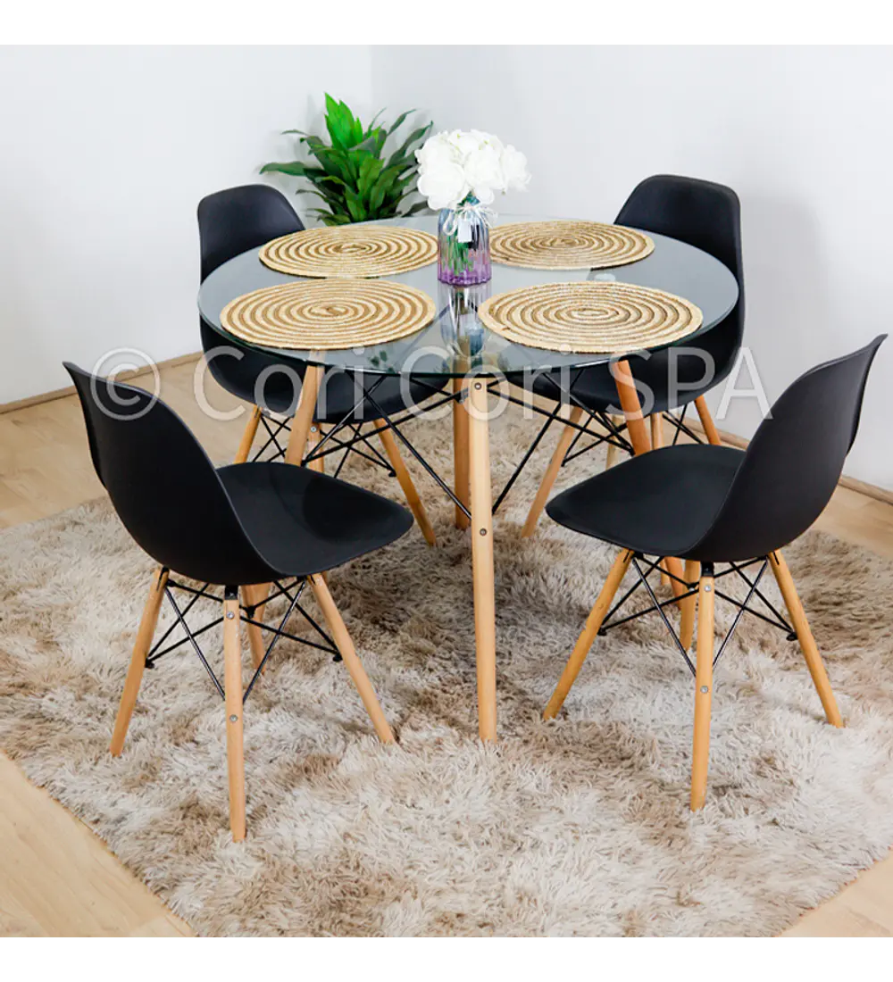 Comedor Eames Vidrio 100cms + 4 Sillas Eames 