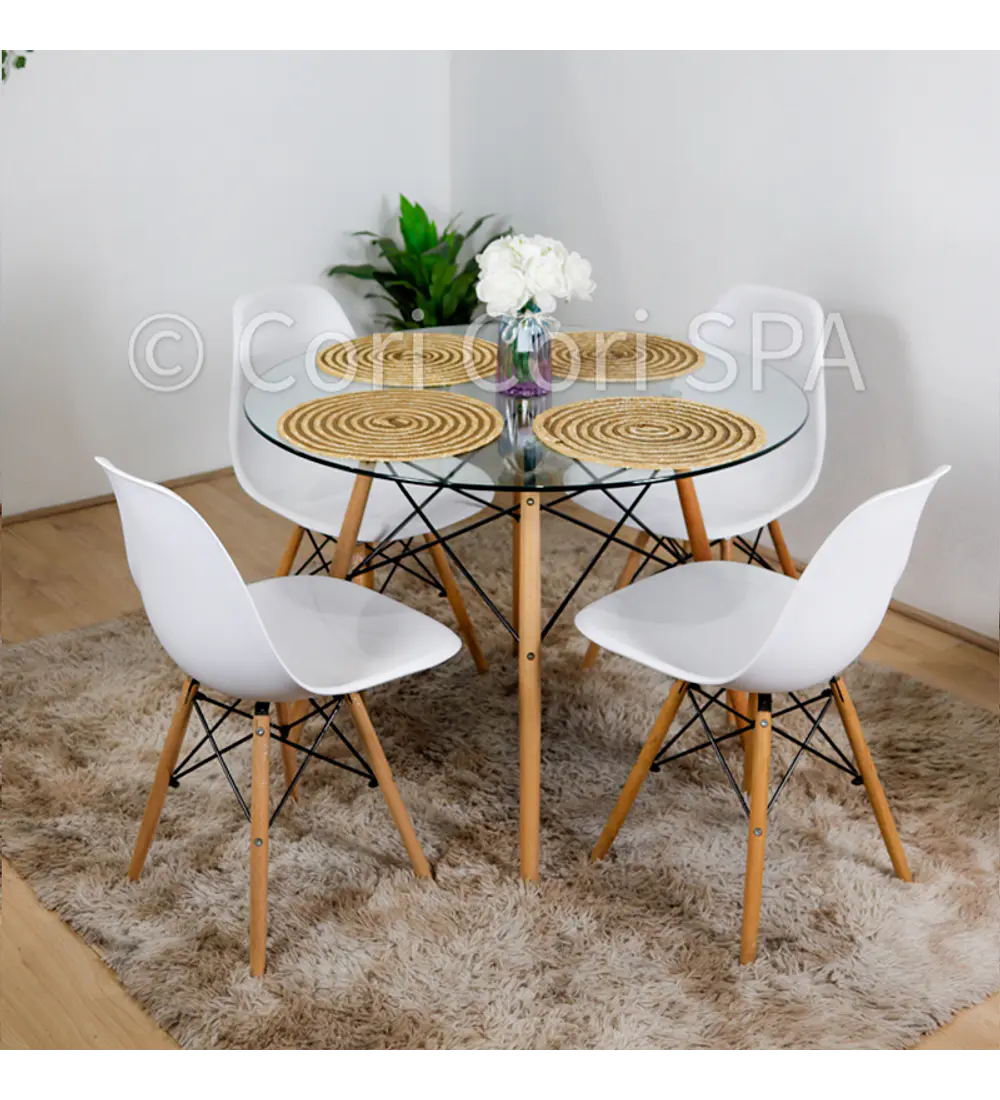 Comedor Eames Vidrio 100cms + 4 Sillas Eames 
