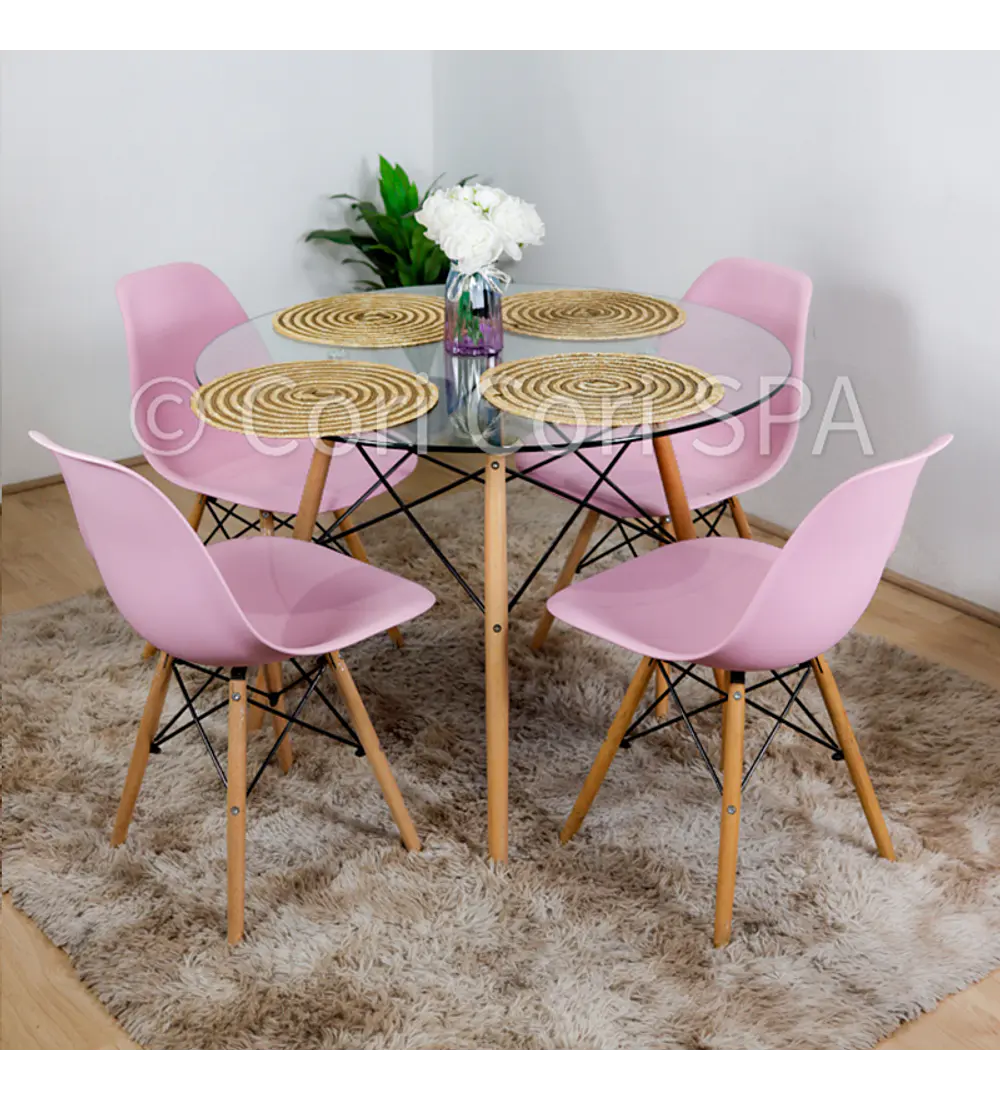 Comedor Eames Vidrio 100cms + 4 Sillas Eames 