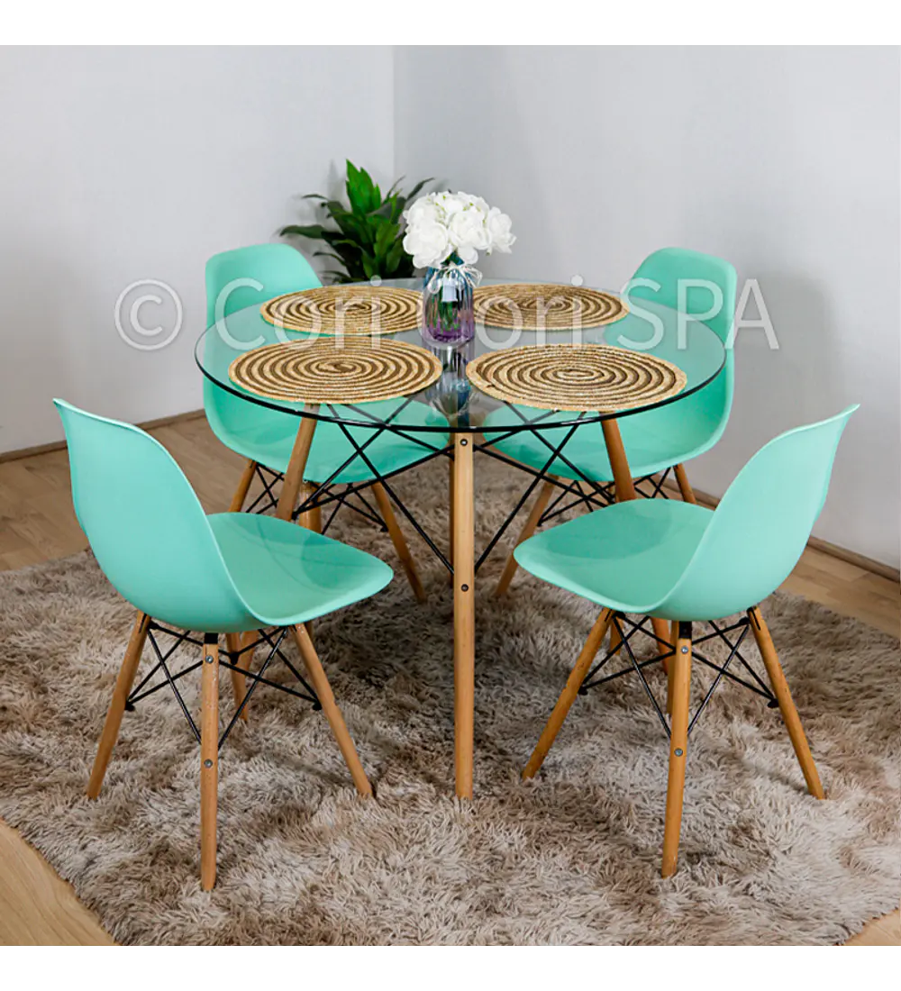 Comedor Eames Vidrio 100cms + 4 Sillas Eames 