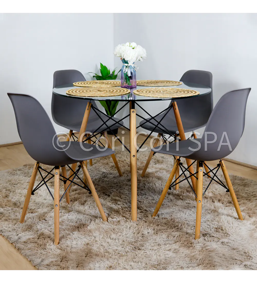 Comedor Eames Vidrio 100cms + 4 Sillas Eames 