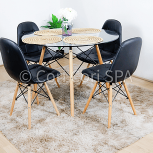 Comedor Eames Vidrio 100cms + 4 Sillas Capitonne Eames Ecocuero