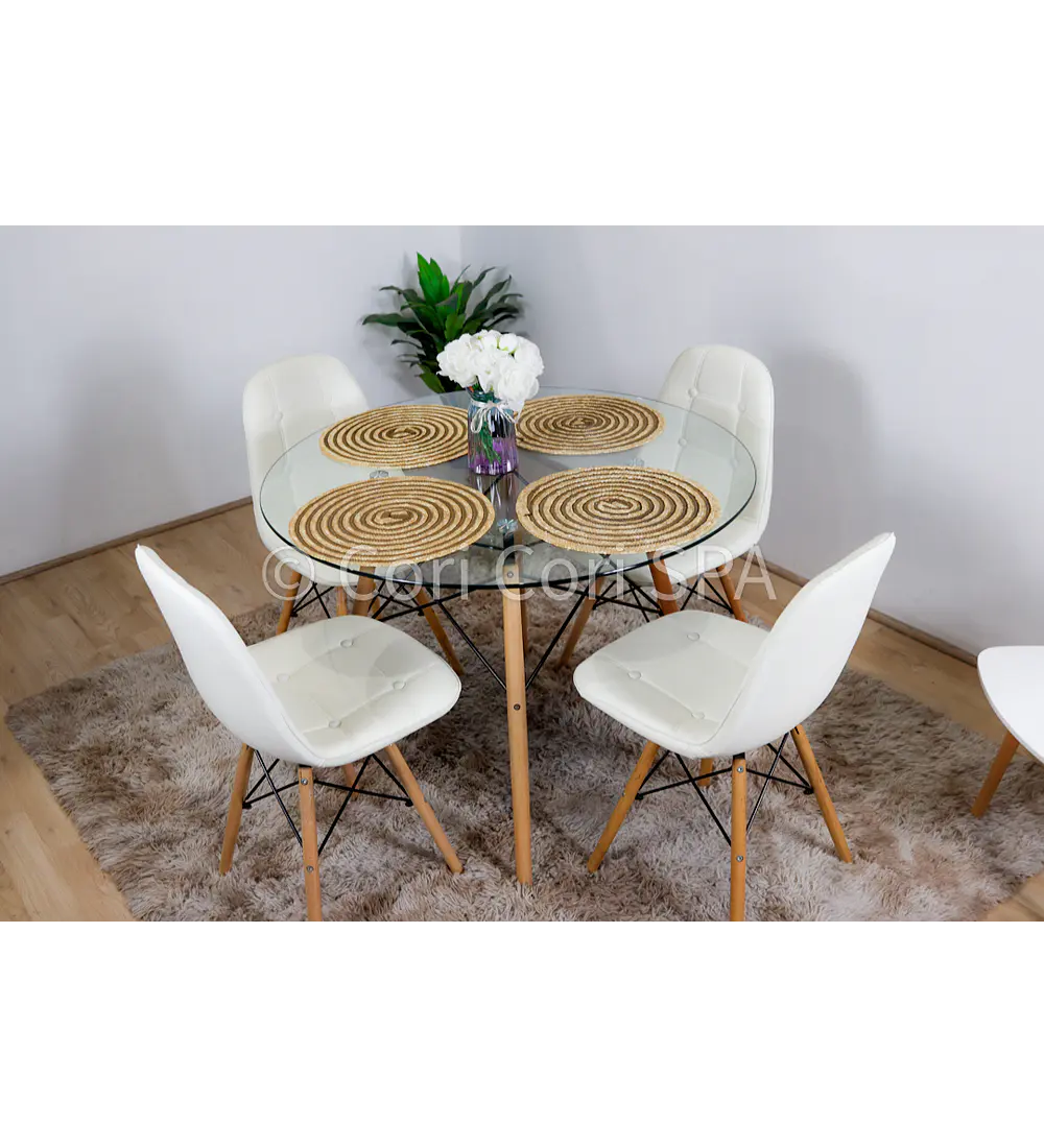 Comedor Eames Vidrio 80cms + 4 Sillas Capitonne Eames Ecocuero