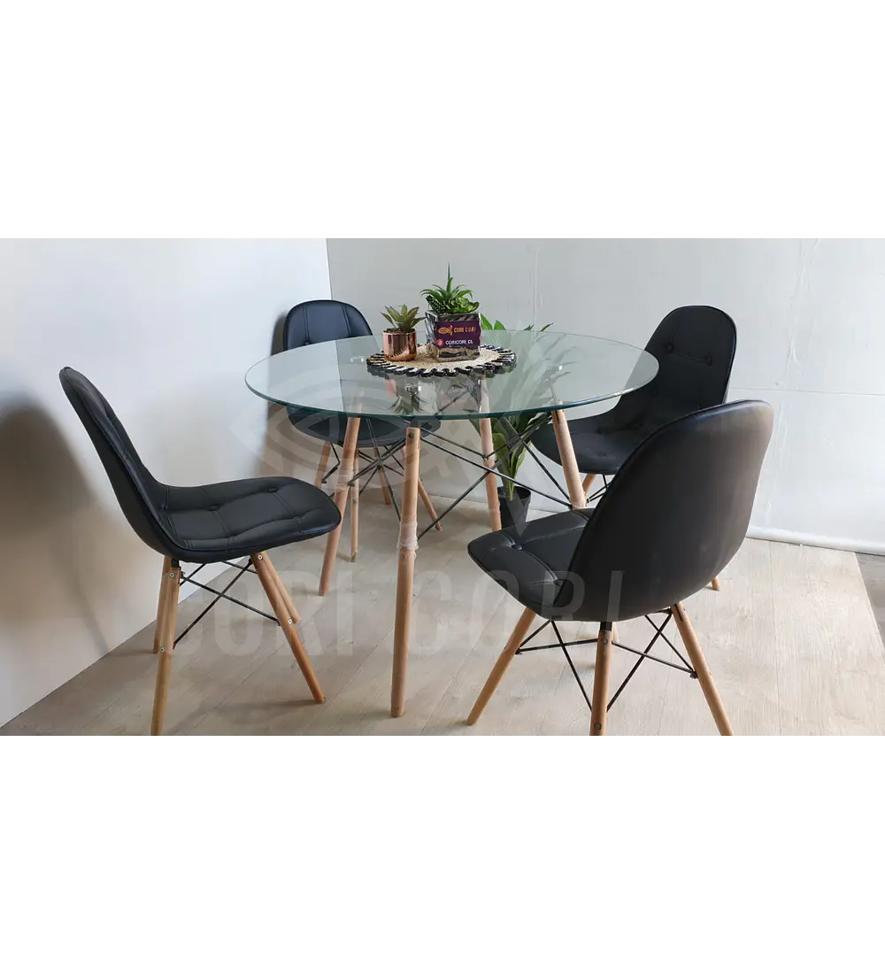 Comedor Eames Vidrio 80cms + 4 Sillas Capitonne Eames Ecocuero
