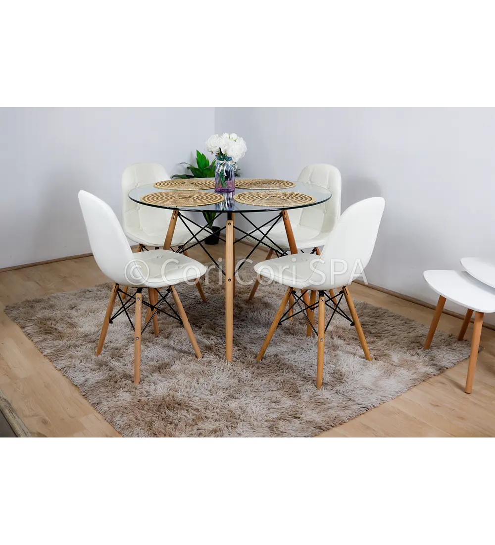Comedor Eames Vidrio 80cms + 4 Sillas Capitonne Eames Ecocuero