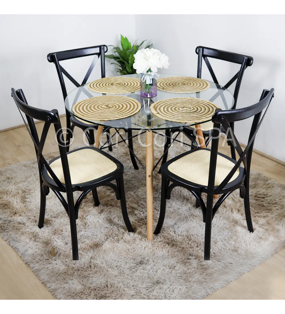 Comedor Eames Vidrio 100cm + 4 Sillas Crossback Madera