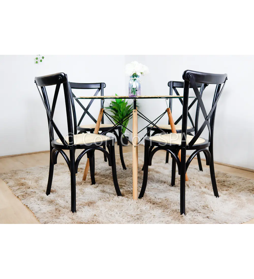 Comedor Eames Vidrio 100cm + 4 Sillas Crossback Madera