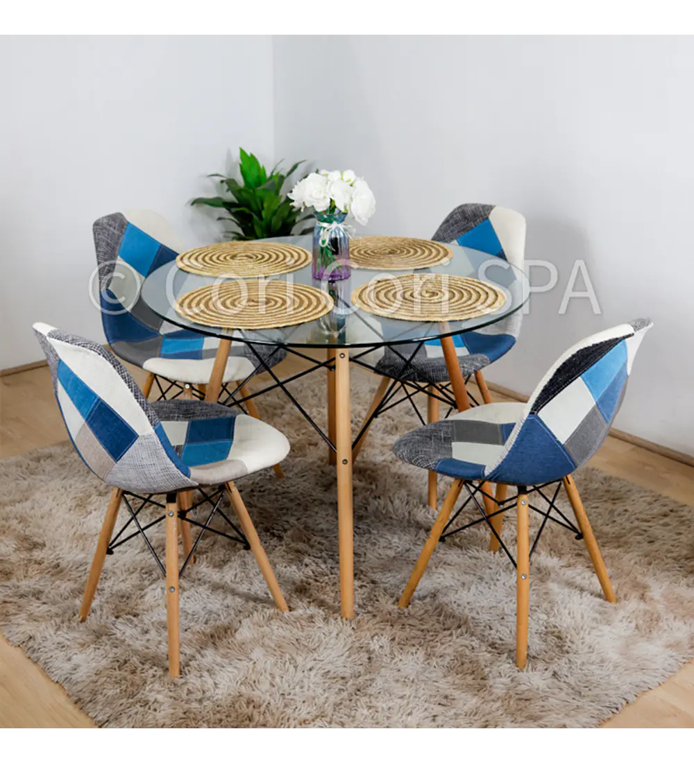 Comedor Eames Vidrio 100cms + 4 Silla Eames Patchwork 