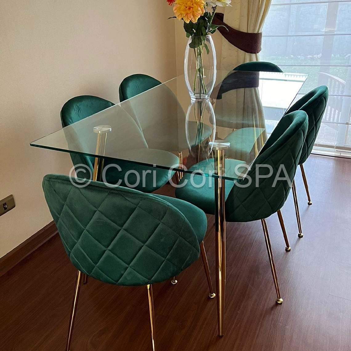 Comedor Rubi Gold 160x80cms  + 6 Sillas Bread Gold Velvet 2