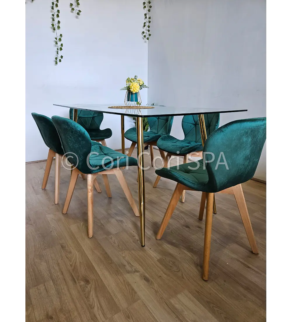 Comedor Rubi Gold 160x80cms + 6 Sillas Mariposa Velvet