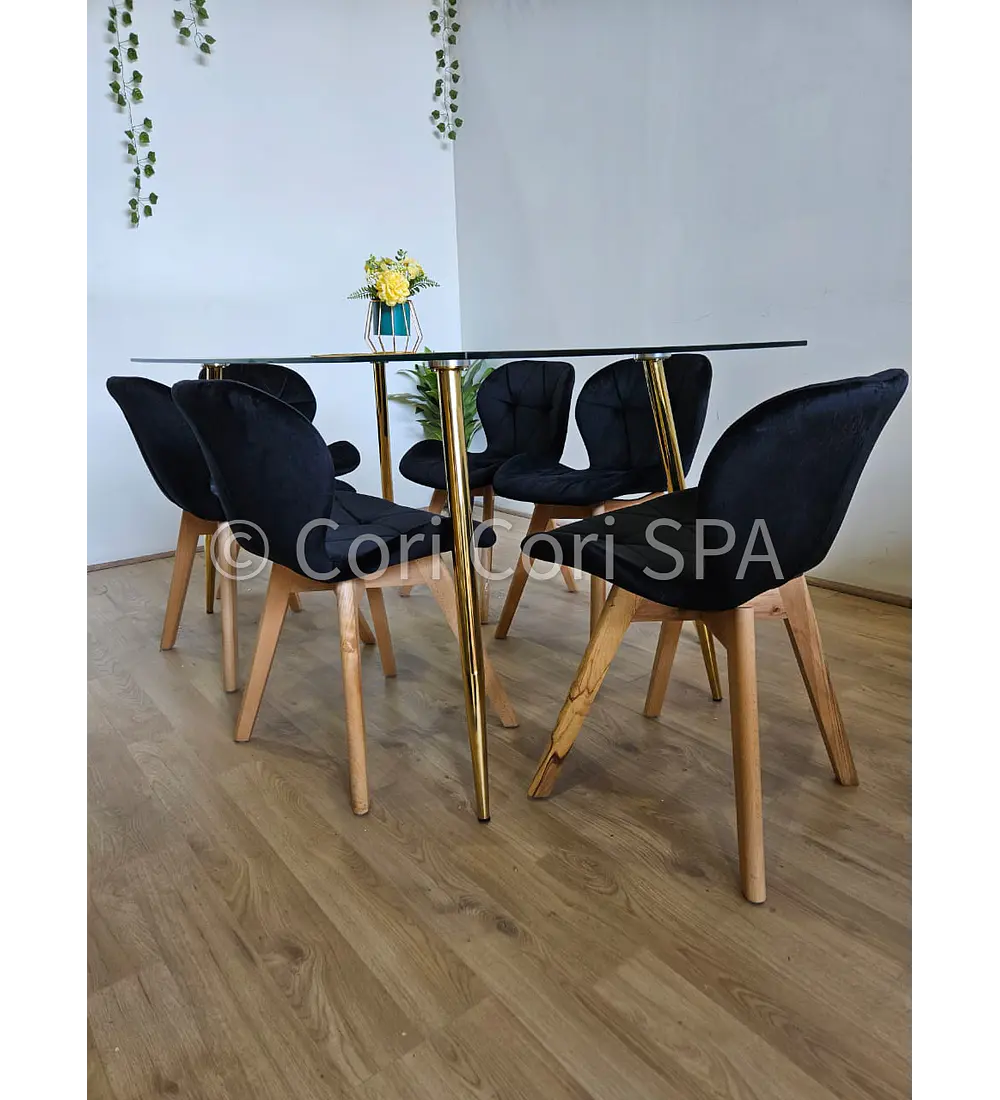 Comedor Rubi Gold 160x80cms + 6 Sillas Mariposa Velvet