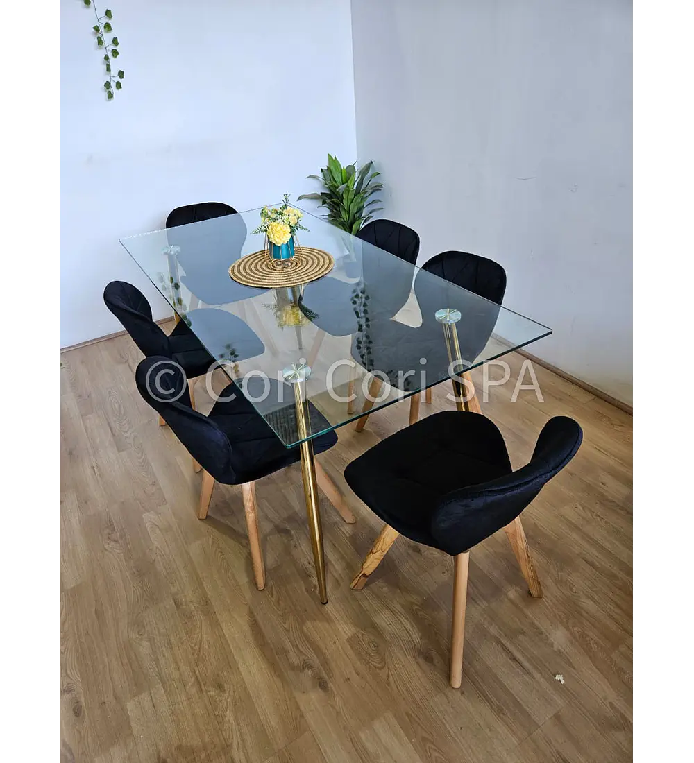Comedor Rubi Gold 160x80cms + 6 Sillas Mariposa Velvet