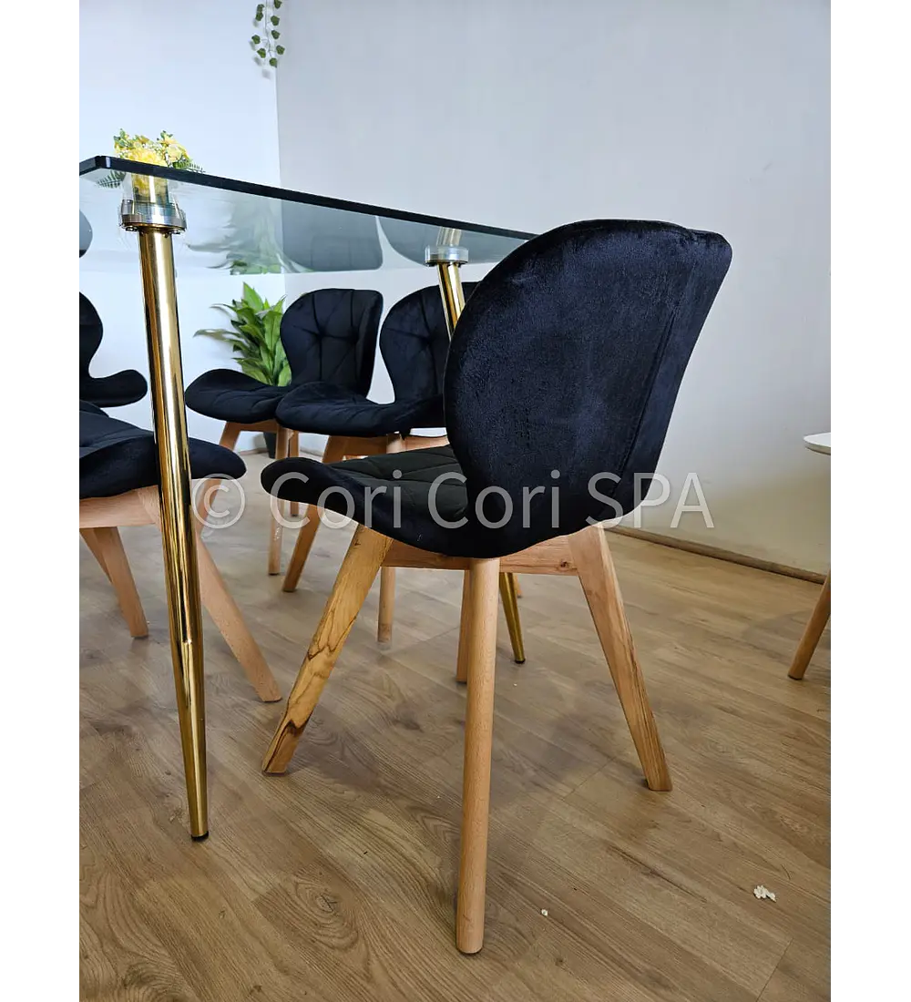 Comedor Rubi Gold 160x80cms + 6 Sillas Mariposa Velvet
