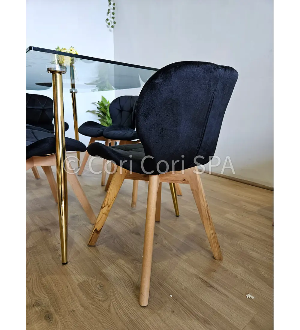 Comedor Rubi Gold 160x80cms + 6 Sillas Mariposa Velvet