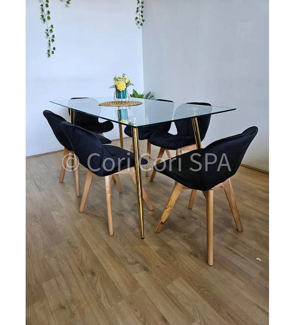 Comedor Rubi Gold 160x80cms + 6 Sillas Mariposa Velvet