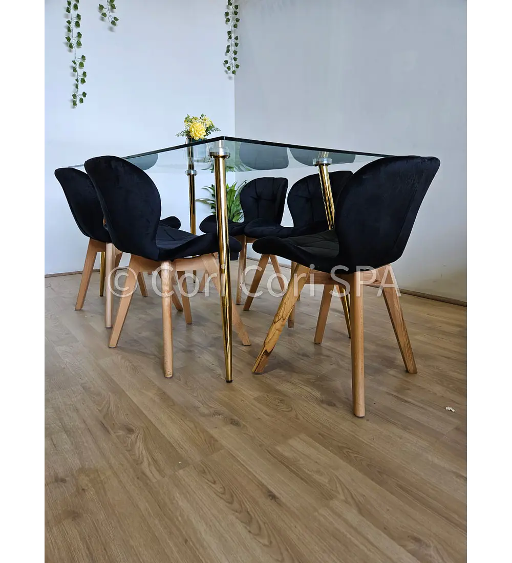 Comedor Rubi Gold 160x80cms + 6 Sillas Mariposa Velvet