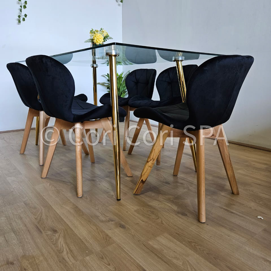 Comedor Rubi Gold 160x80cms + 6 Sillas Mariposa Velvet 19