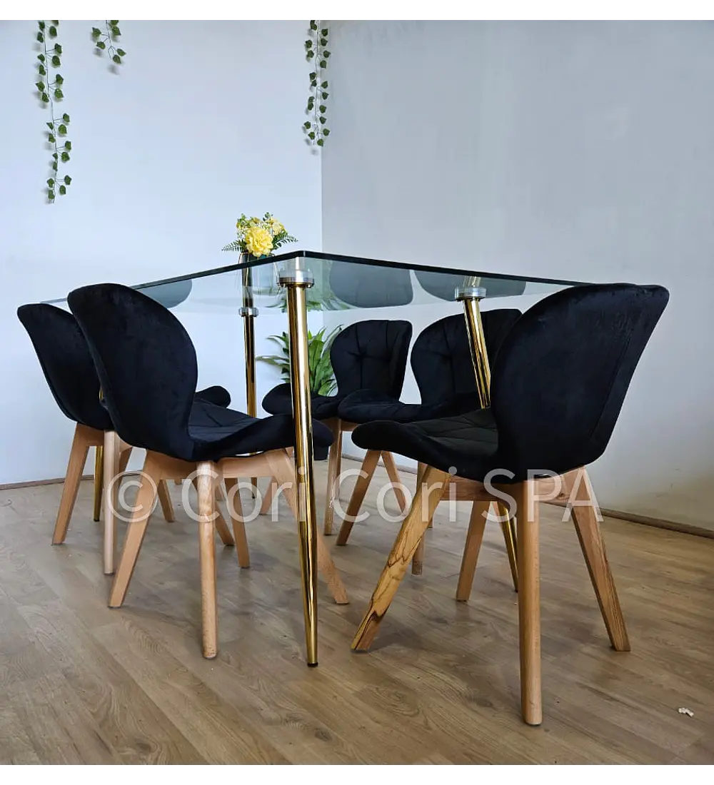 Comedor Rubi Gold 160x80cms + 6 Sillas Mariposa Velvet
