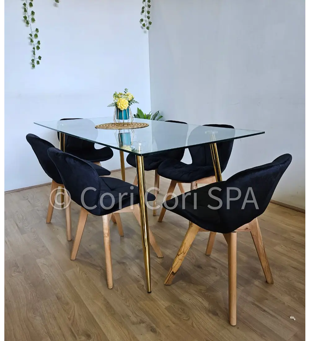Comedor Rubi Gold 160x80cms + 6 Sillas Mariposa Velvet