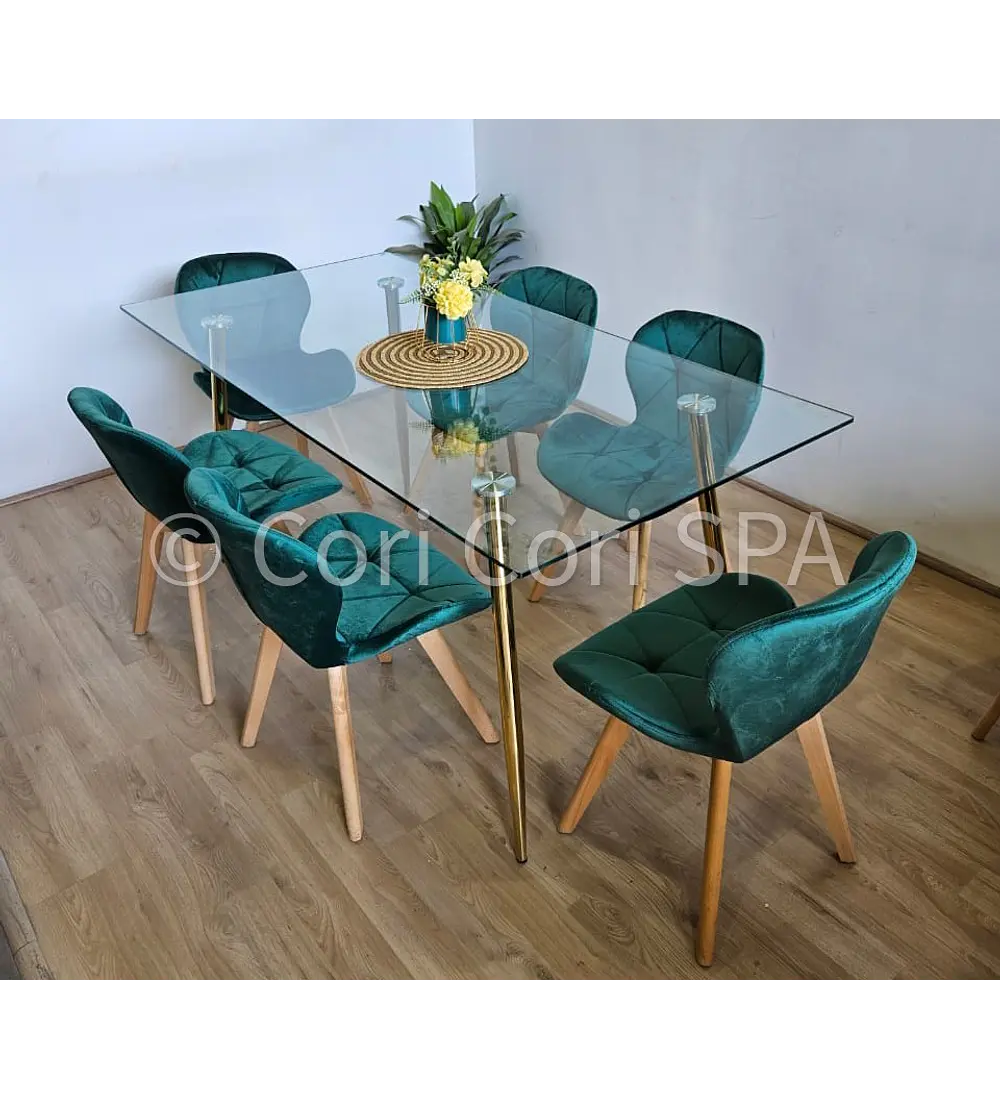 Comedor Rubi Gold 160x80cms + 6 Sillas Mariposa Velvet
