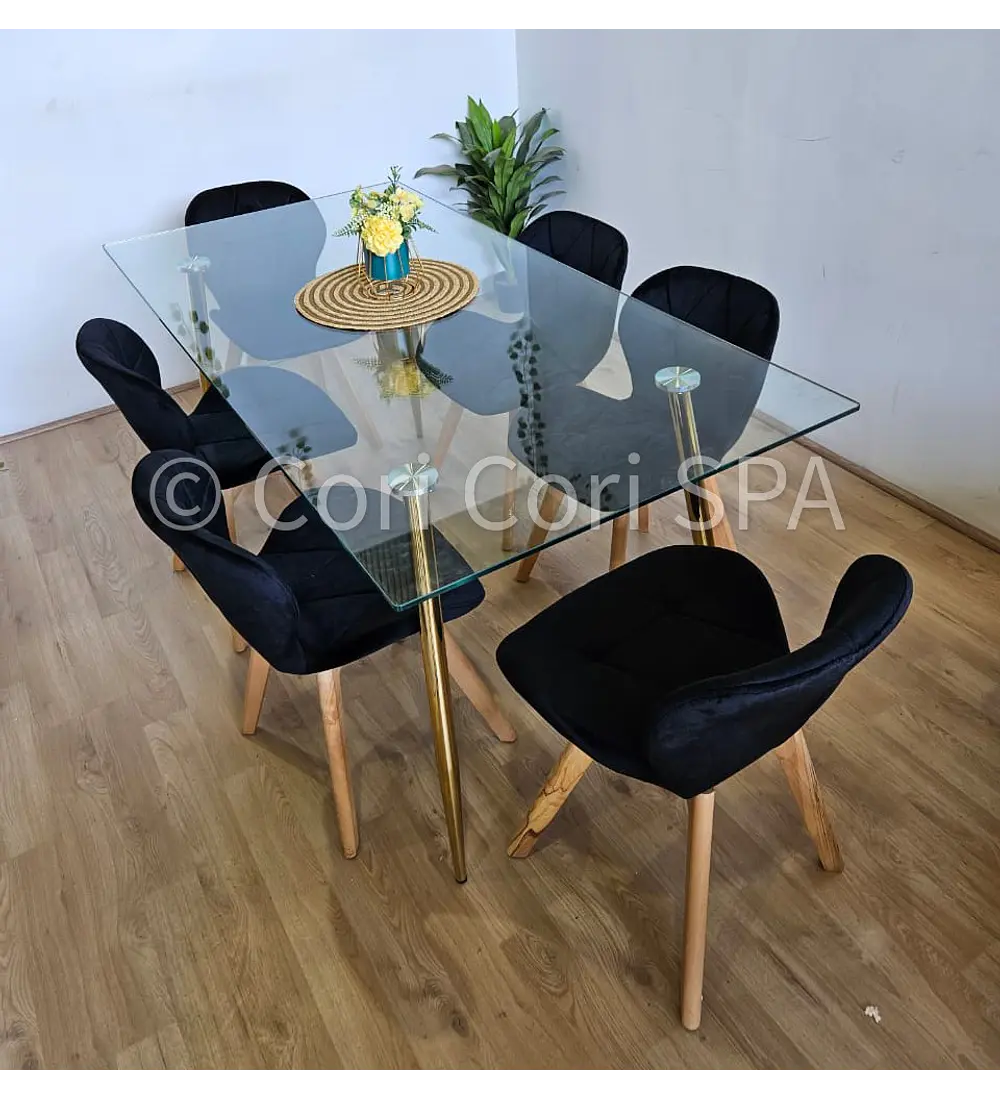 Comedor Rubi Gold 160x80cms + 6 Sillas Mariposa Velvet
