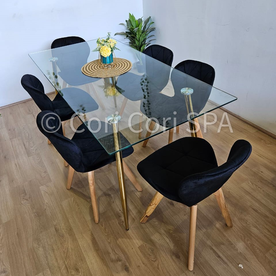 Comedor Rubi Gold 160x80cms + 6 Sillas Mariposa Velvet 22