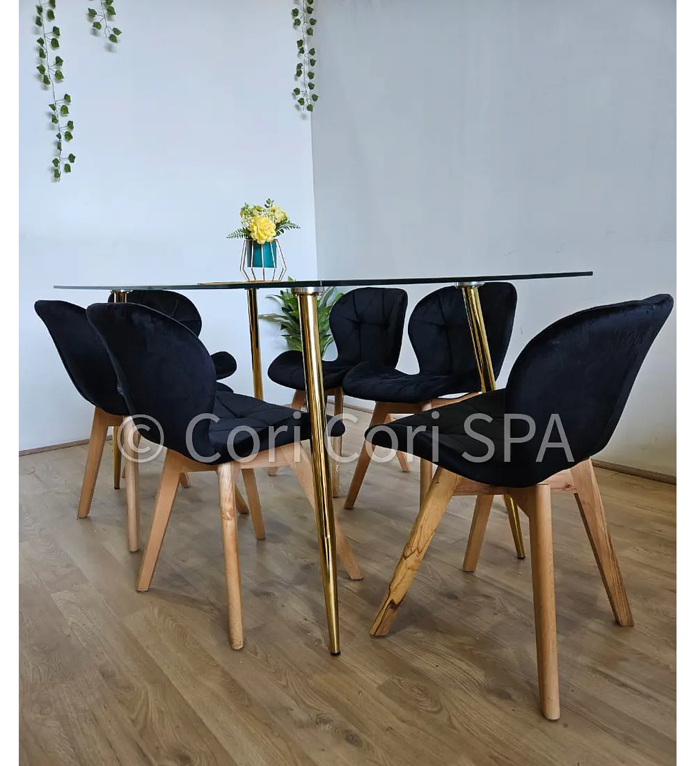 Comedor Rubi Gold 160x80cms + 6 Sillas Mariposa Velvet