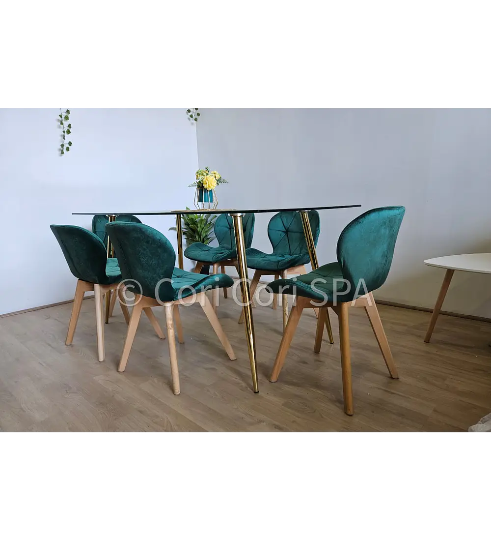 Comedor Rubi Gold 160x80cms + 6 Sillas Mariposa Velvet