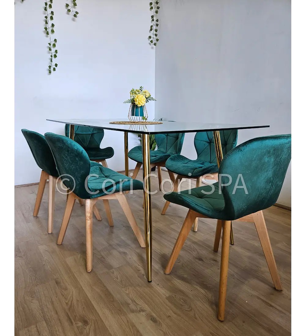 Comedor Rubi Gold 160x80cms + 6 Sillas Mariposa Velvet