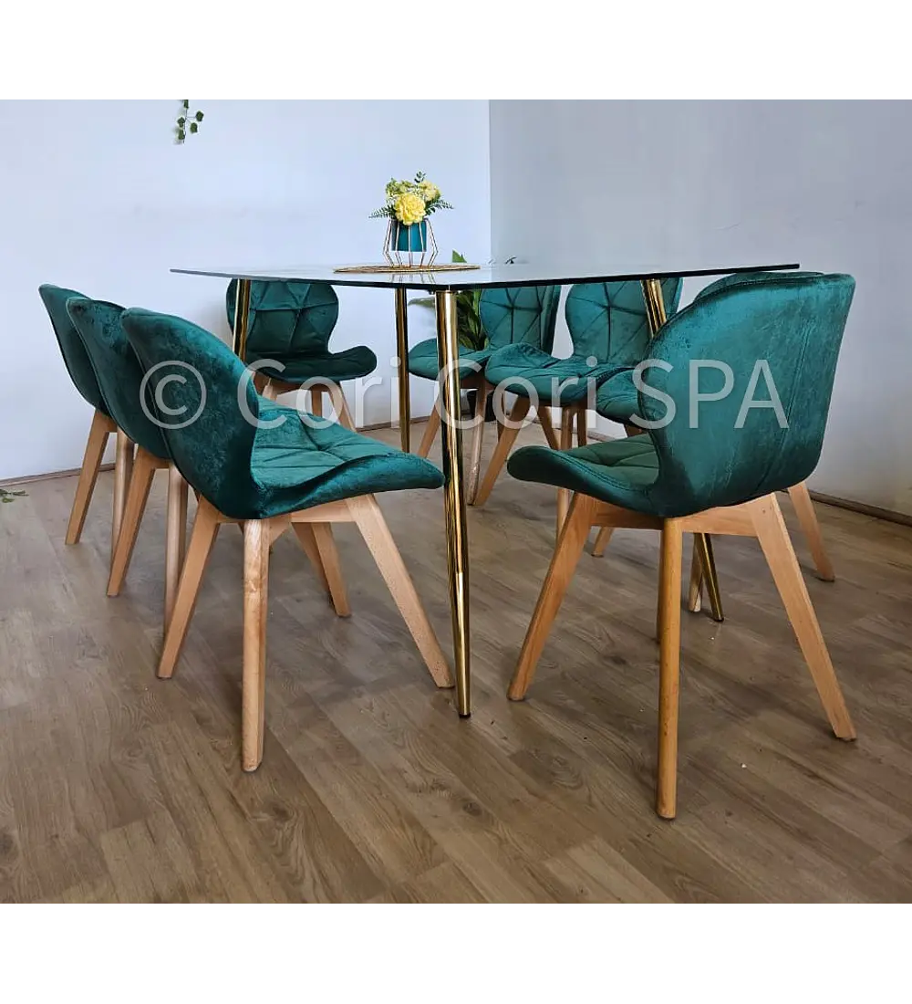 Comedor Rubi Gold 160x80cms  + 8 Sillas Mariposa Velvet 