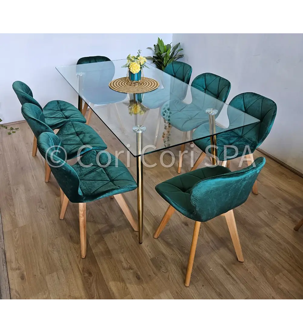 Comedor Rubi Gold 160x80cms  + 8 Sillas Mariposa Velvet 